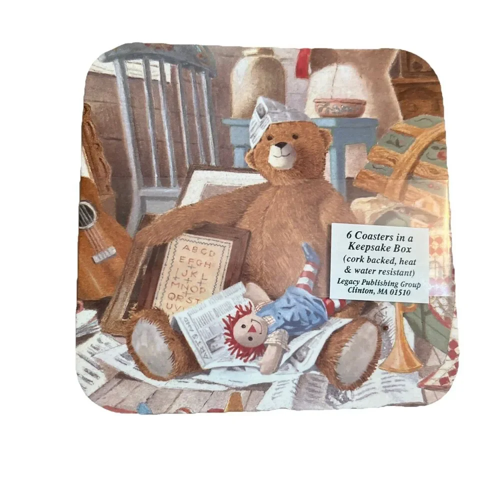 Teddy Bear Set 6 Corked Back Coasters Keepsake Box New Water Resistant Country